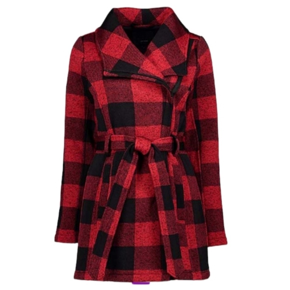 Madden Girl Red and Black Checkered Trench Coat